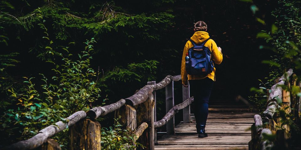 A person with a backpack walking forward across a wooden footbridge in a forest